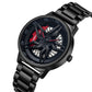 Men's rotating skeleton quartz watch with black case and black steel bracelet