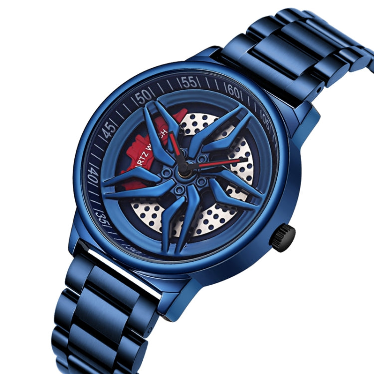Men's rotating skeleton quartz watch with blue case and steel bracelet, blue dial
