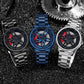 Three men's skeleton quartz watches with black, blue, and silver steel bracelets