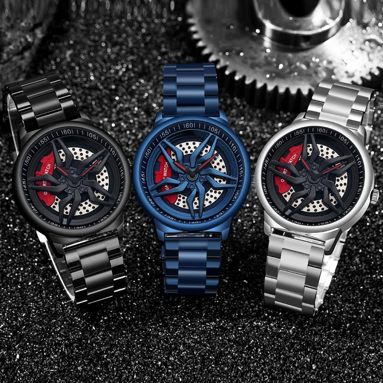 Three men's skeleton quartz watches with black, blue, and silver steel bracelets