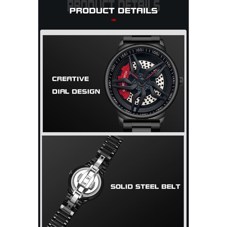 Men's skeleton quartz watch with black dial and steel bracelet, face close-up