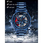 Men's blue skeleton quartz watch with steel bracelet, dial facing forward