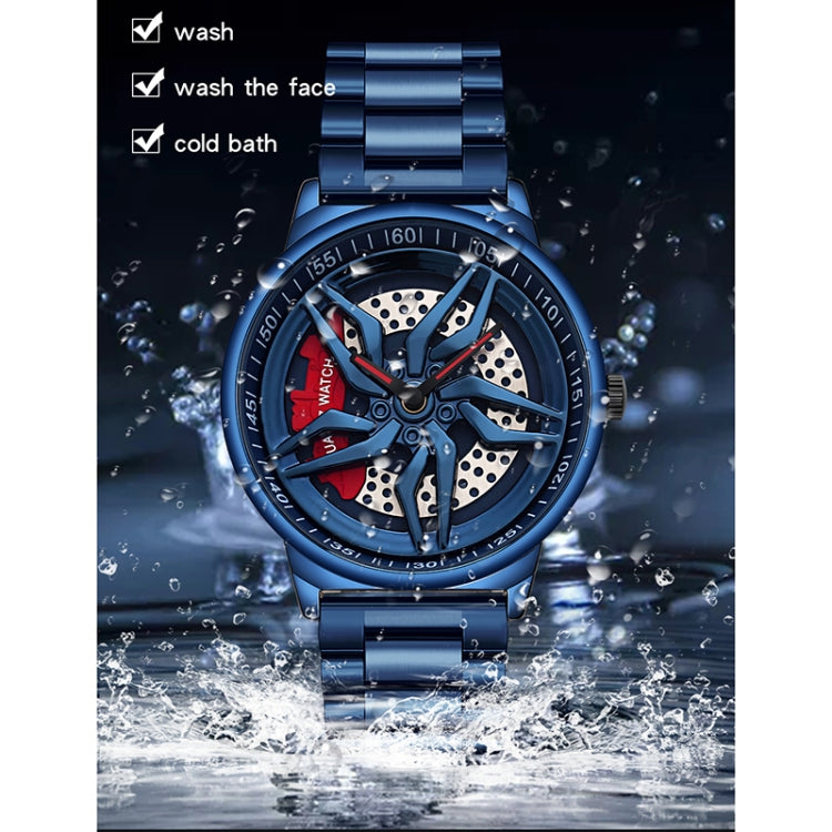 Men's blue skeleton quartz watch with steel bracelet, dial facing forward