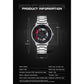 Men's quartz watch diagram with round black skeleton dial and steel bracelet
