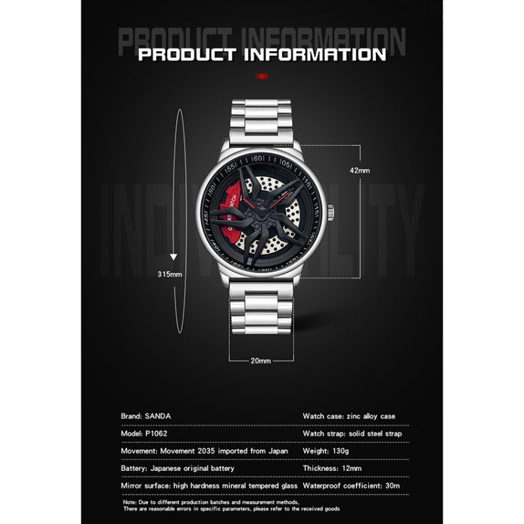 Men's quartz watch diagram with round black skeleton dial and steel bracelet