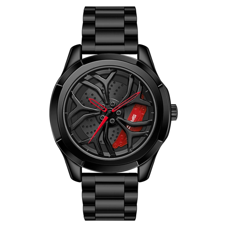 Men’s quartz wheel watch with black steel bracelet and red-accent dial