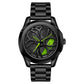 Men’s quartz wheel watch with black steel bracelet and green-accent dial