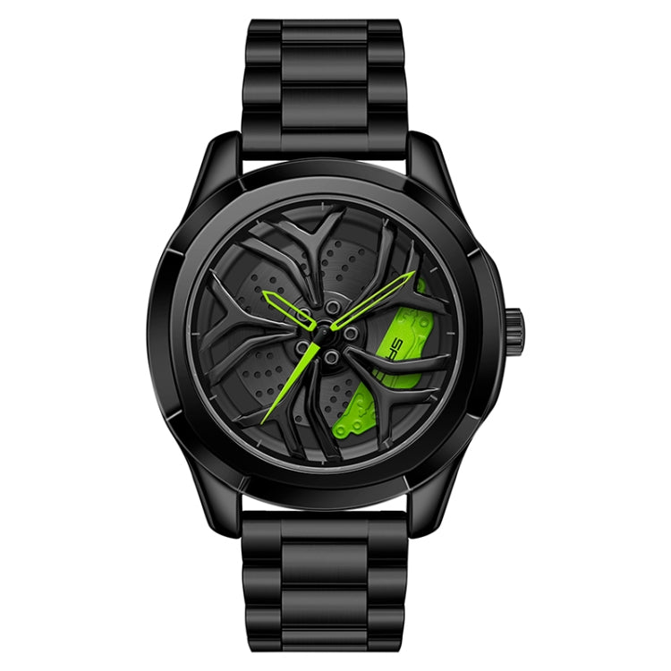 Men’s quartz wheel watch with black steel bracelet and green-accent dial
