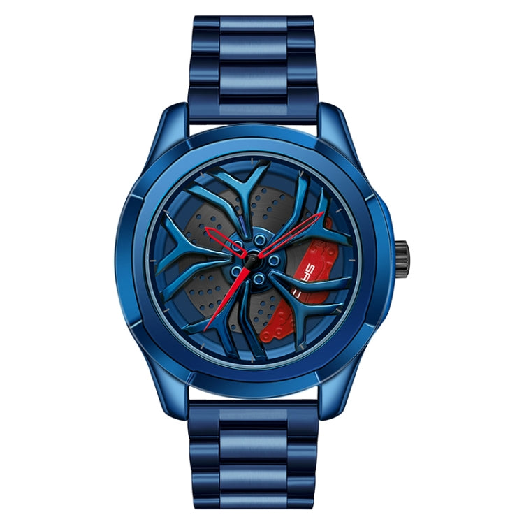 Men’s quartz wheel watch with blue steel bracelet and red-accent dial