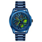 Men’s quartz wheel watch with blue steel bracelet and green-accent dial