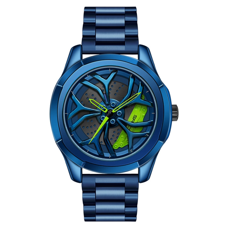 Men’s quartz wheel watch with blue steel bracelet and green-accent dial