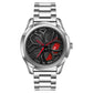 Men’s quartz wheel watch with silver steel bracelet and red-accent dial