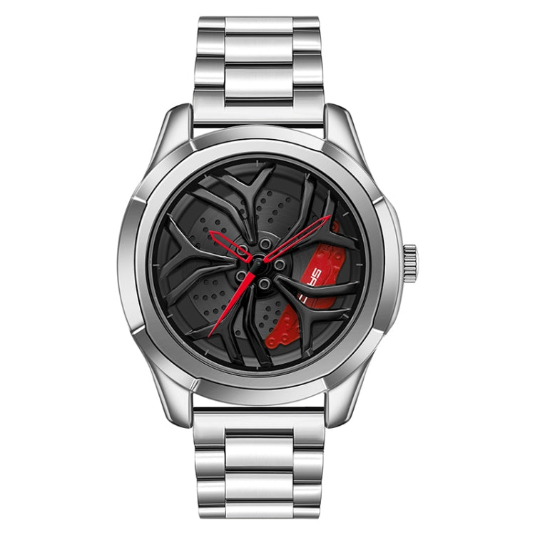 Men’s quartz wheel watch with silver steel bracelet and red-accent dial