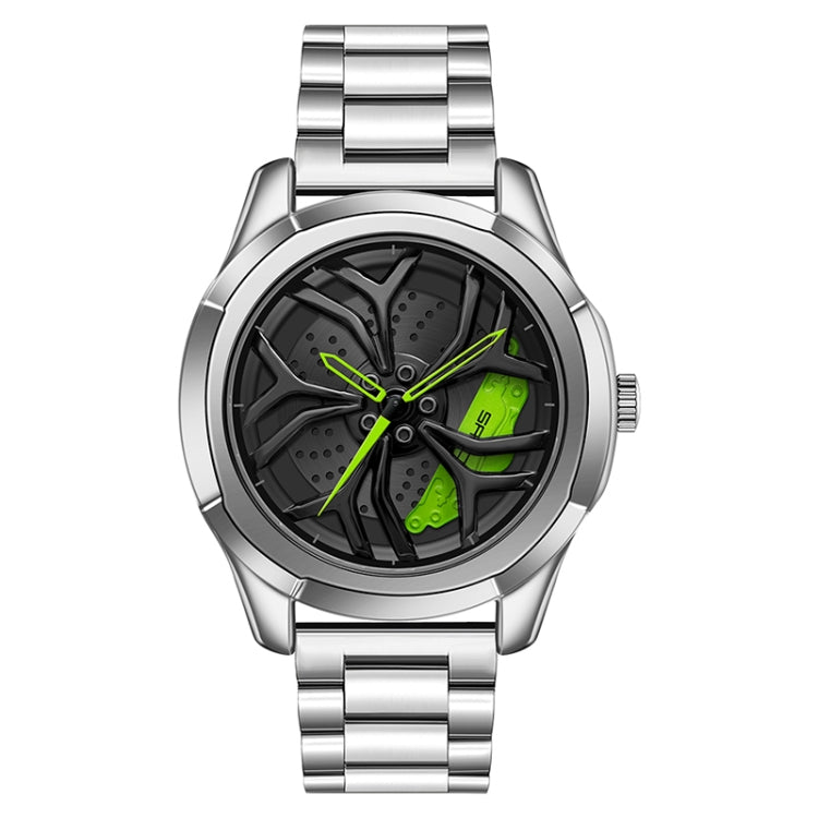 Men’s quartz wheel watch with silver steel bracelet and green-accent dial