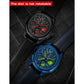 Two men’s quartz watches with leather straps: black with red dial and blue with green dial