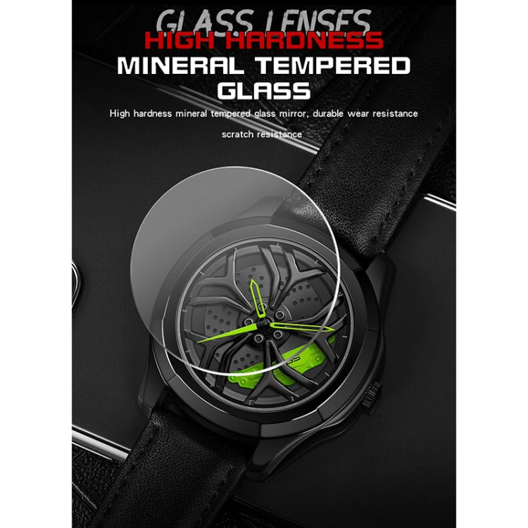 Men's quartz wristwatch with black dial, green accents, and black leather strap.