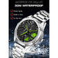 Men's quartz wristwatch with silver case, dark dial, green accents, and metal bracelet.