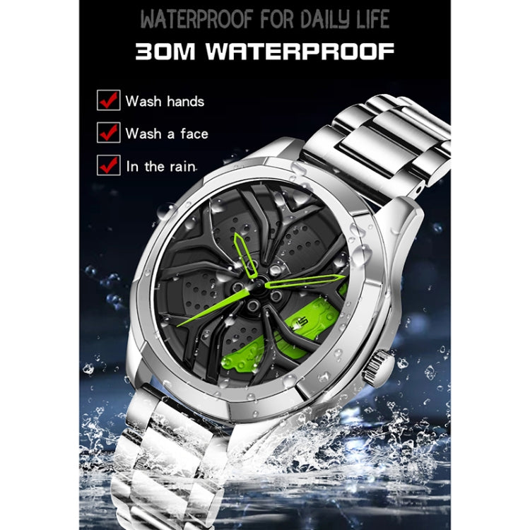 Men's quartz wristwatch with silver case, dark dial, green accents, and metal bracelet.