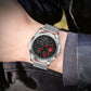 Men's quartz wristwatch with silver case, black dial, red accents, and metal mesh strap.