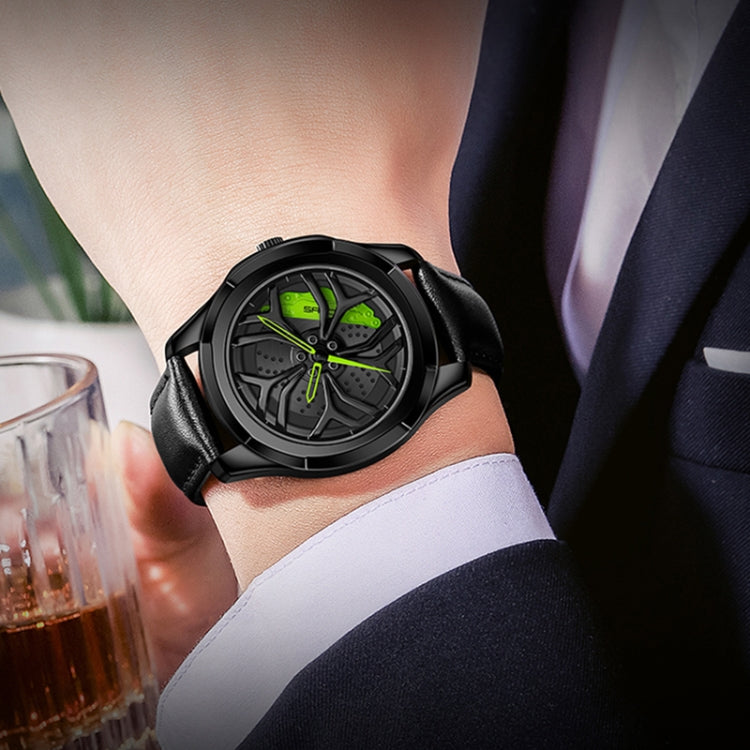 Men's quartz wristwatch with black dial, green accents, and black leather strap.