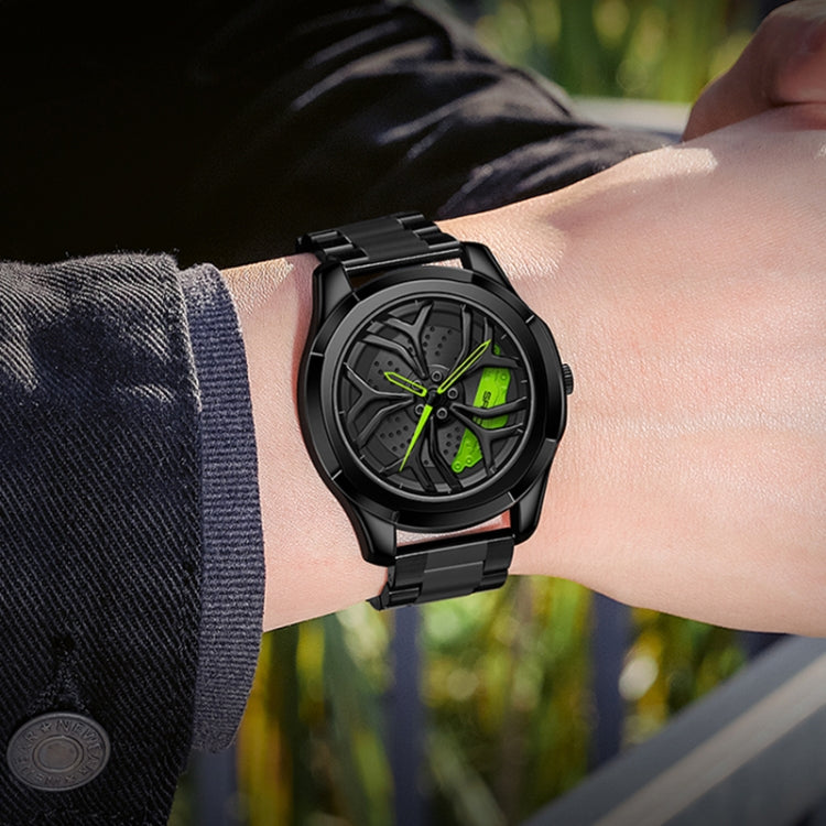 Men's quartz wristwatch with black case, green-accent dial, and black mesh strap.
