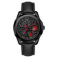 Men’s quartz wheel watch with black leather strap and red-accent dial