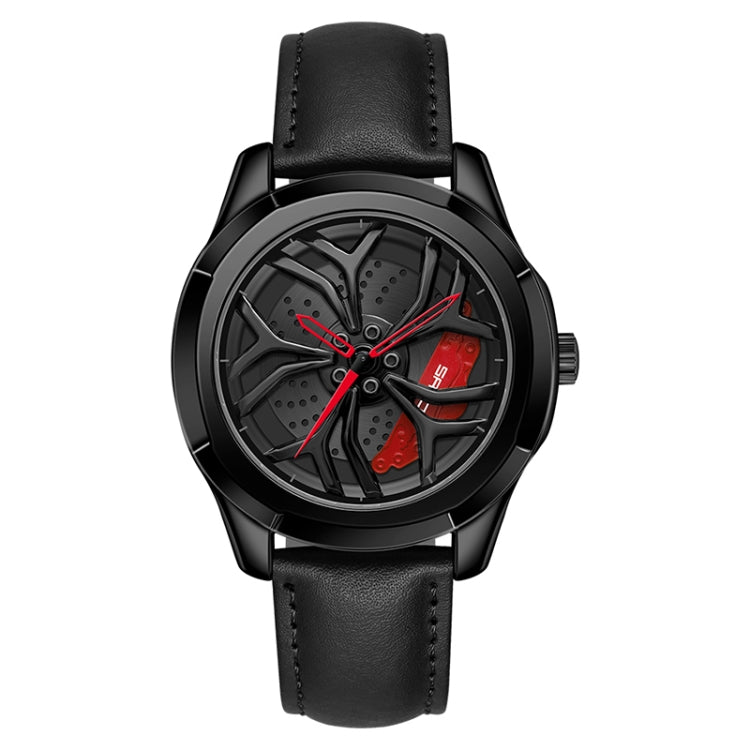Men’s quartz wheel watch with black leather strap and red-accent dial