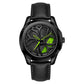 Men’s quartz wheel watch with black leather strap and green-accent dial