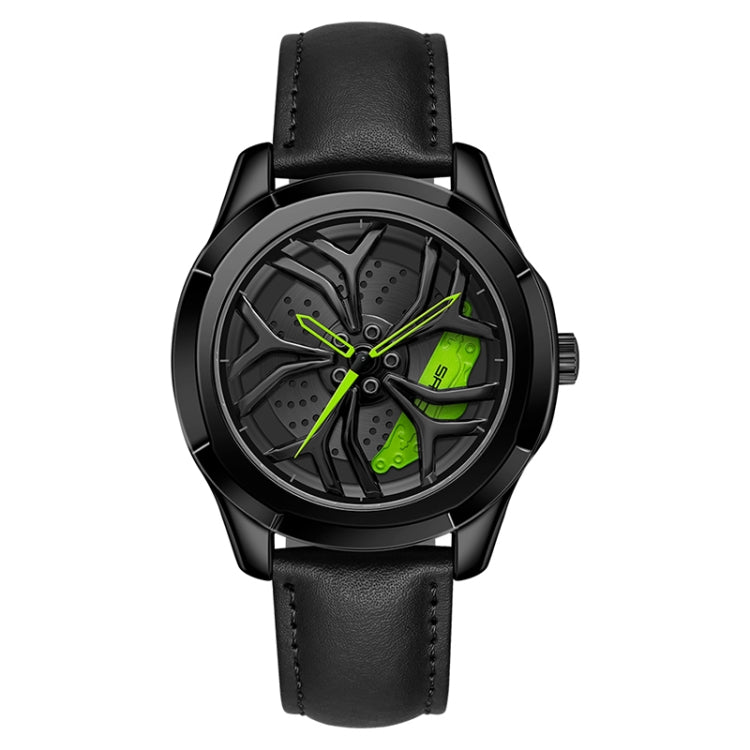 Men’s quartz wheel watch with black leather strap and green-accent dial
