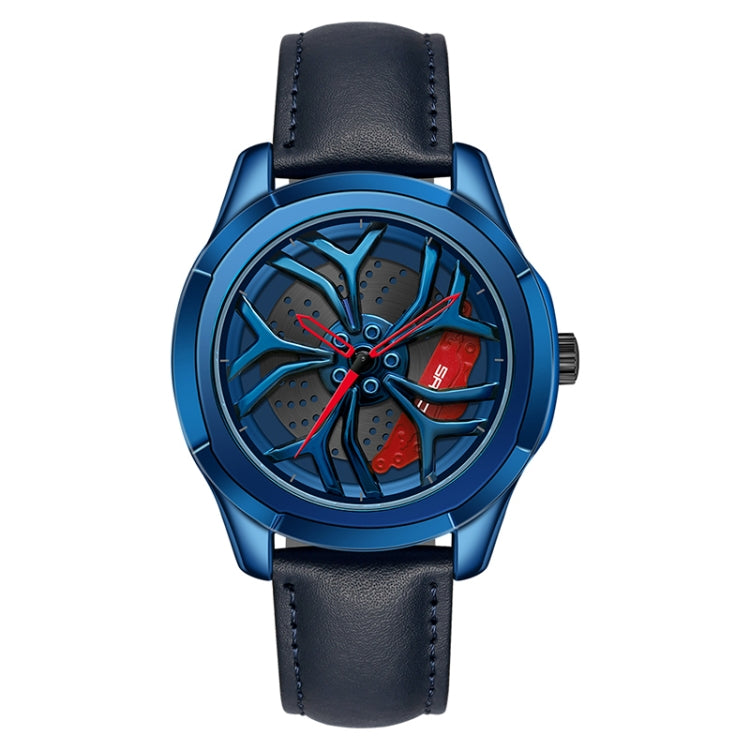 Men’s quartz wheel watch with blue leather strap and red-accent dial