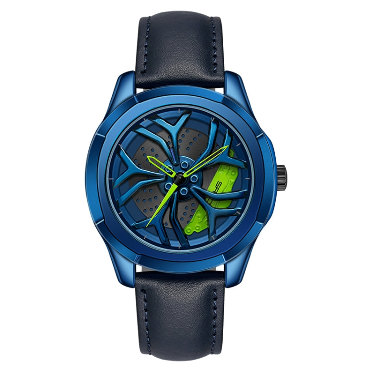 Men’s quartz wheel watch with blue leather strap and green-accent dial