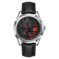 Men’s quartz wristwatch with black leather strap, silver case, black dial and red hands