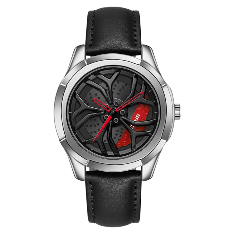 Men’s quartz wristwatch with black leather strap, silver case, black dial and red hands