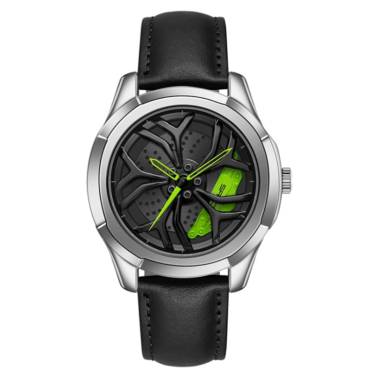 Men’s quartz wristwatch with black leather strap, silver case, black dial and green hands
