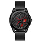 Men’s quartz wristwatch with black mesh strap, black case, black dial and red hands