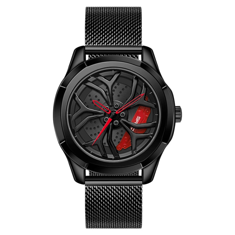 Men’s quartz wristwatch with black mesh strap, black case, black dial and red hands