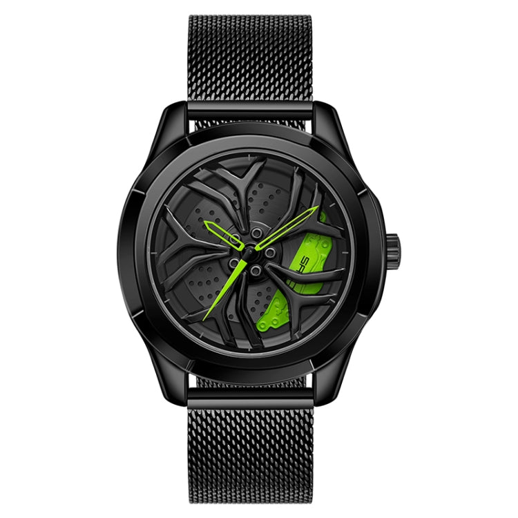 Men’s quartz wristwatch with black mesh strap, black case, black dial and green hands