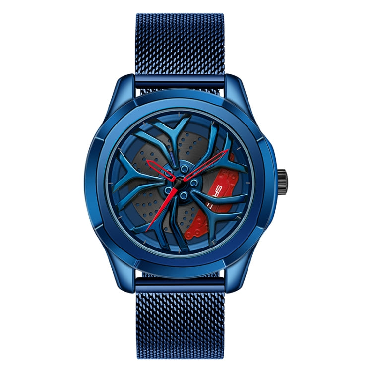 Men’s quartz wristwatch with blue mesh strap, blue case, blue dial and red hands