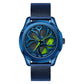 Men’s quartz wristwatch with blue mesh strap, blue case, blue dial and green hands