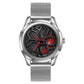 Men’s quartz wristwatch with silver case and black mesh strap, black dial with red hands