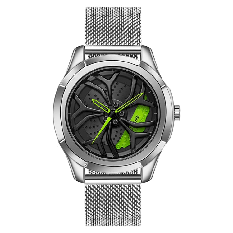 Men’s quartz wristwatch with silver case and black mesh strap, black dial with green hands