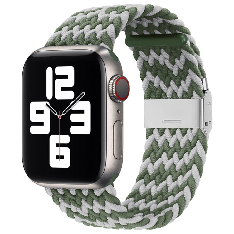 Nylon braided watchband with single buckle, green and light gray woven pattern