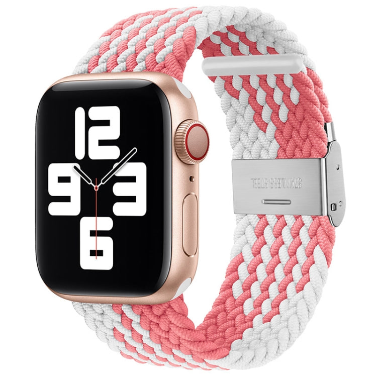 Nylon braided watchband with single buckle, white and coral red woven design