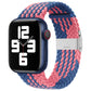 Braided nylon watch band with single buckle, navy blue and pink braided pattern.