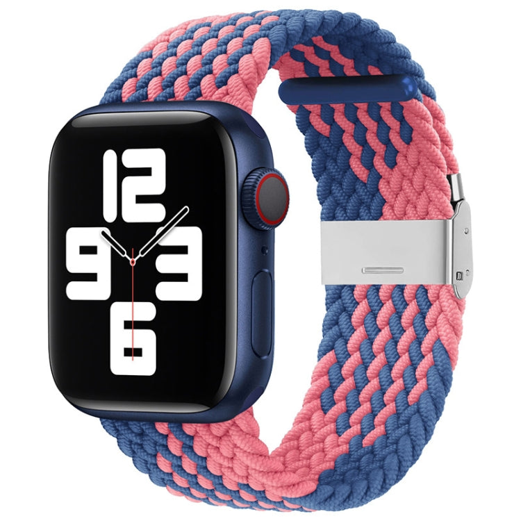 Braided nylon watch band with single buckle, navy blue and pink braided pattern.