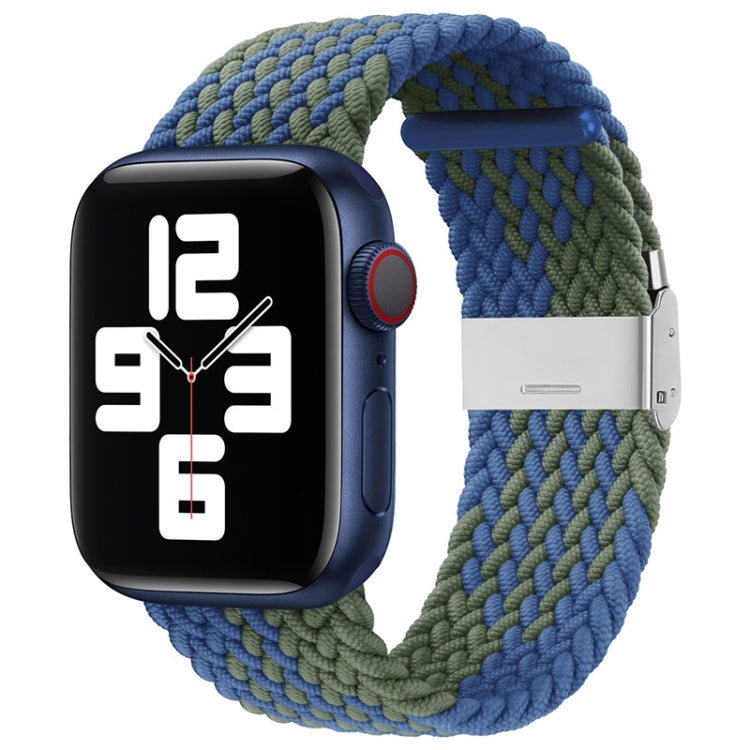 Braided nylon watch band with single buckle, blue and green zigzag knit.