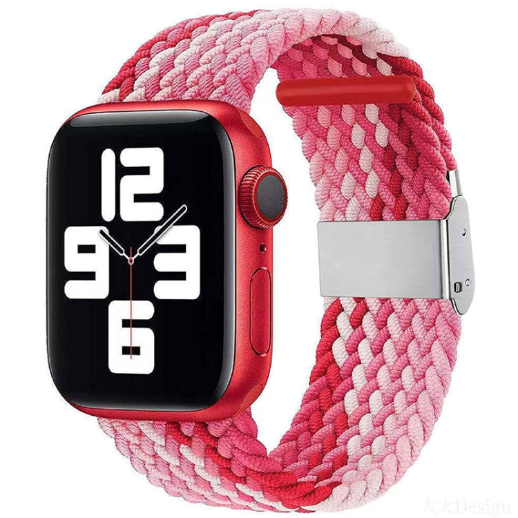 Braided nylon watch band with single buckle, pink braided strap with red accents.