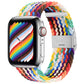 Braided nylon watch band with single buckle, multicolor rainbow woven braid.