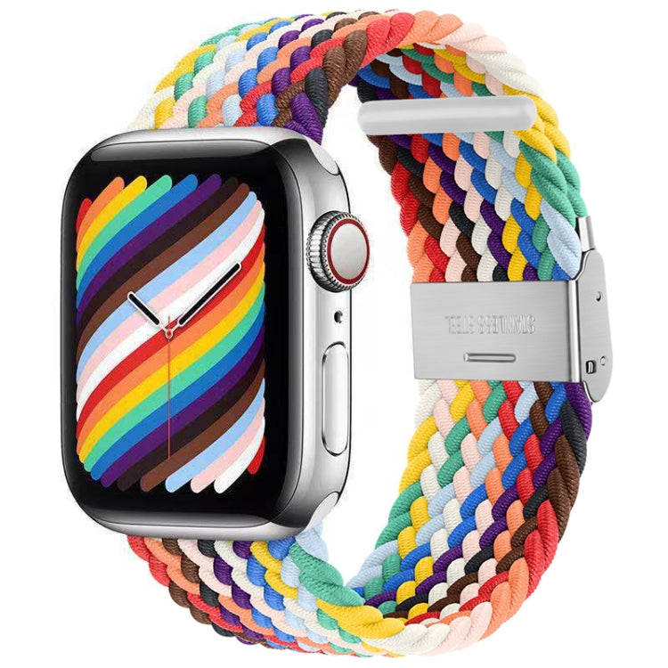 Braided nylon watch band with single buckle, multicolor rainbow woven braid.