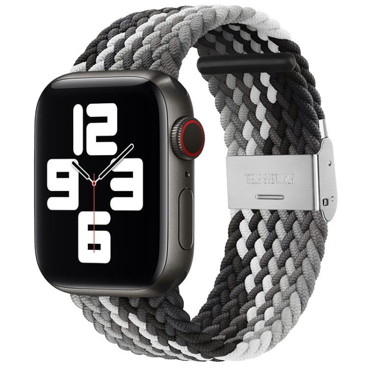 Braided nylon watch band with single buckle, gray braided strap with dark pattern.